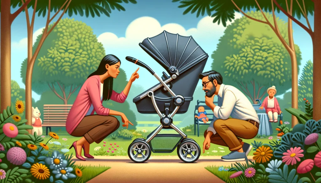 Nerdymamas.com couple inspecting a stroller