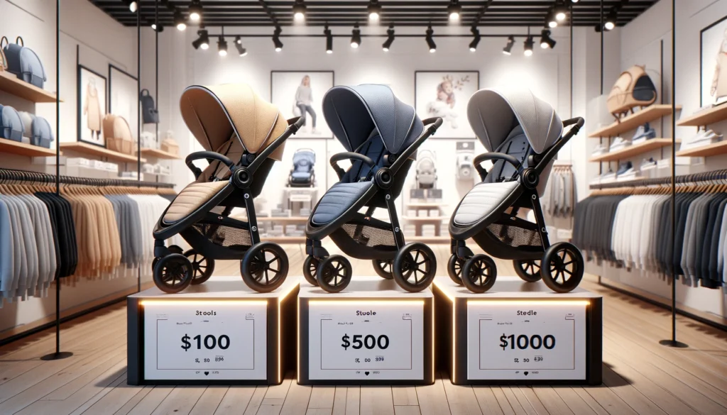 Strollers in a store at different prices