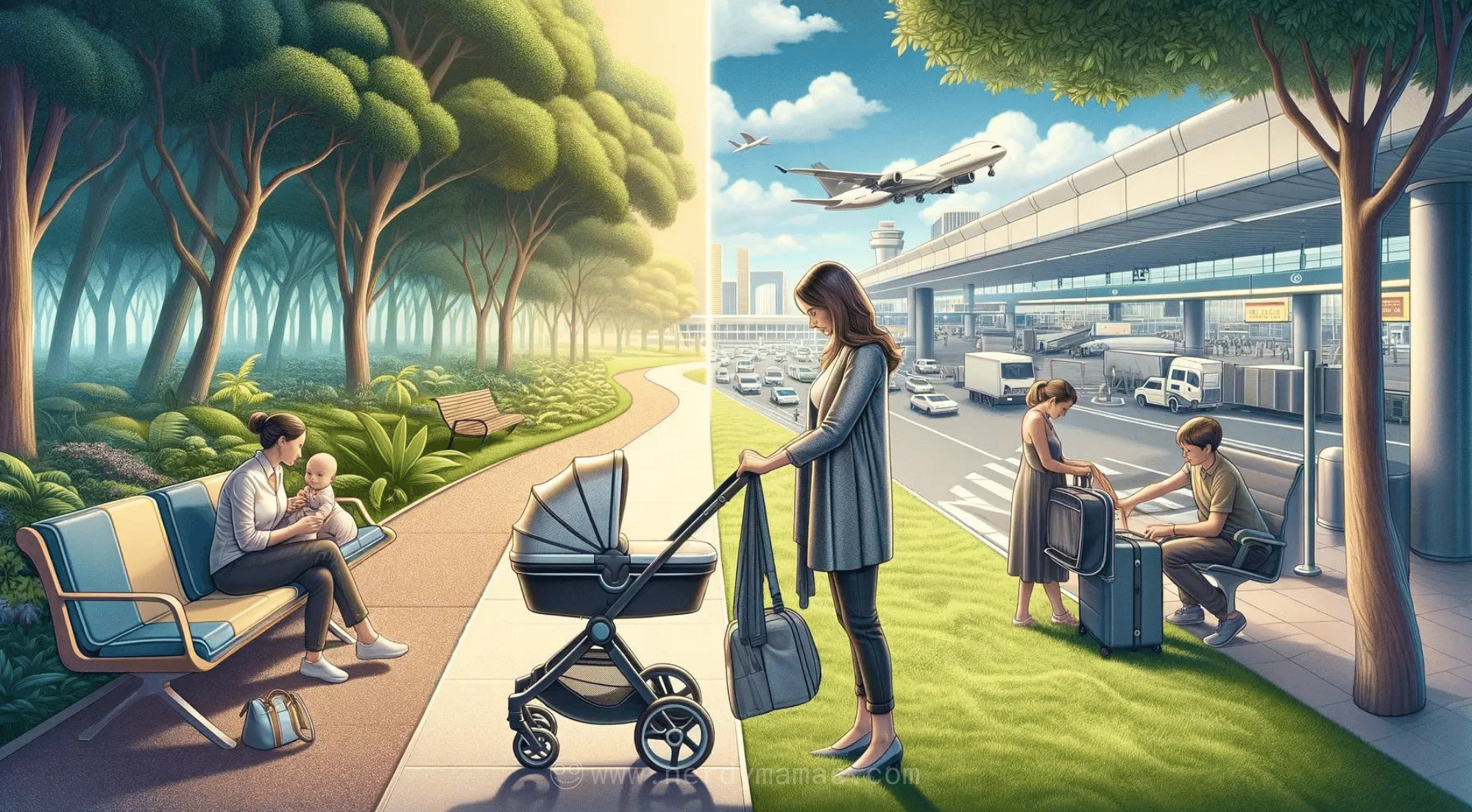 Mom going from park to airport with stroller