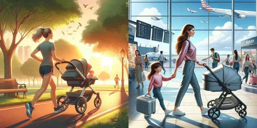 Mom jogging with stroller and at the airport